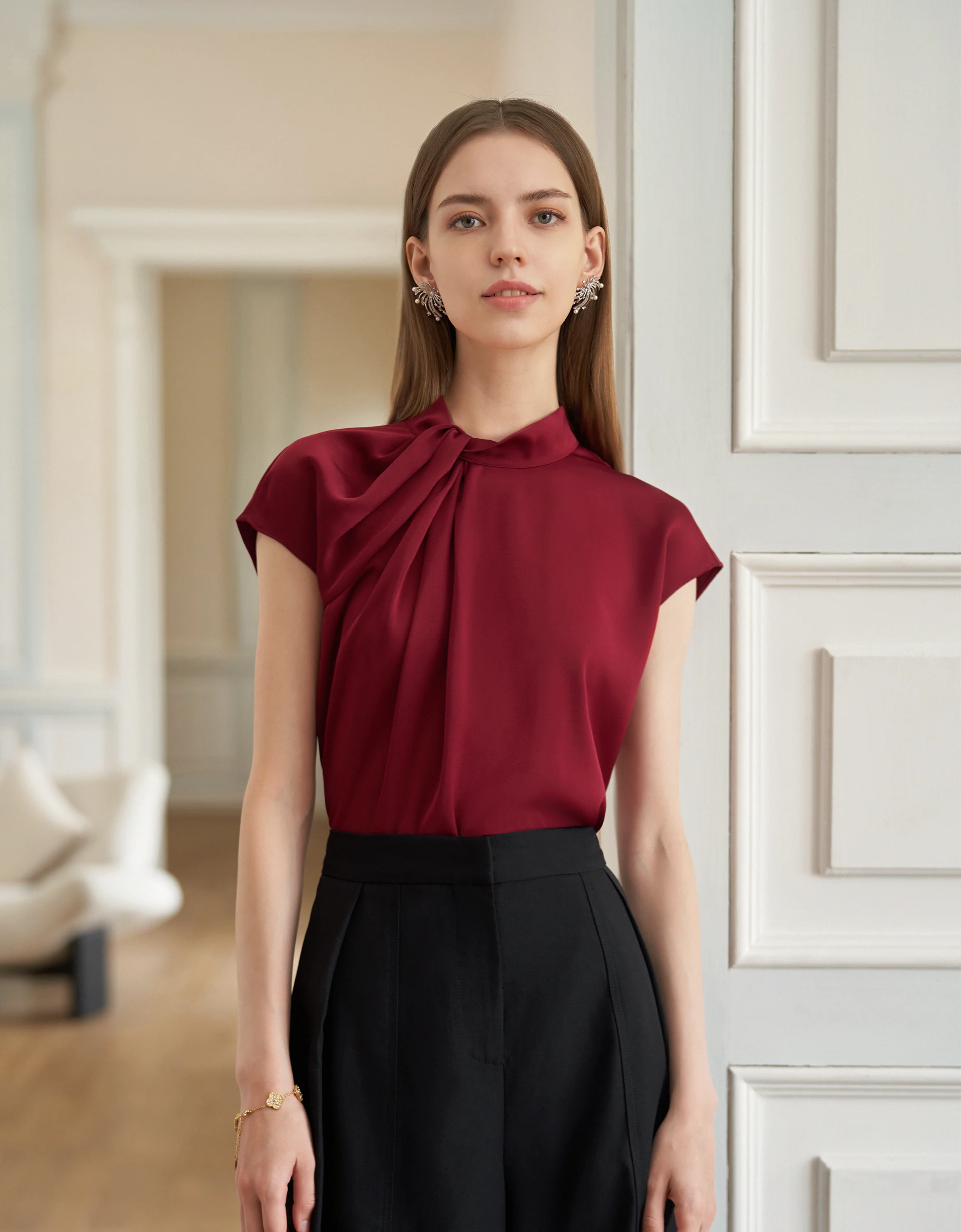 Twisted Neckline Stand Collar Top - Image 15