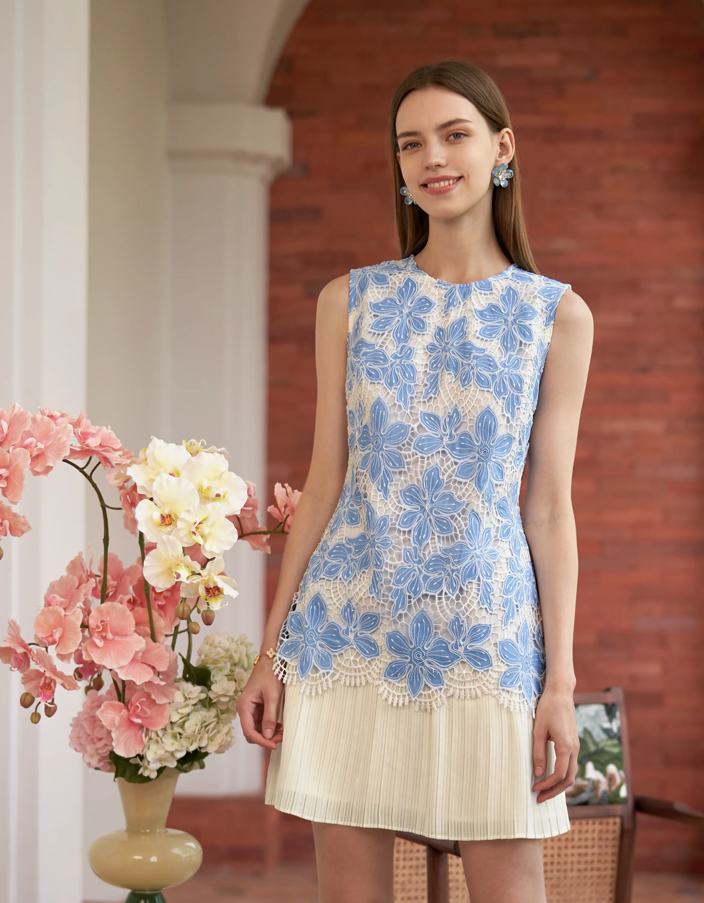 Two-tone Cutwork Embroidery Pleated Hem Dress