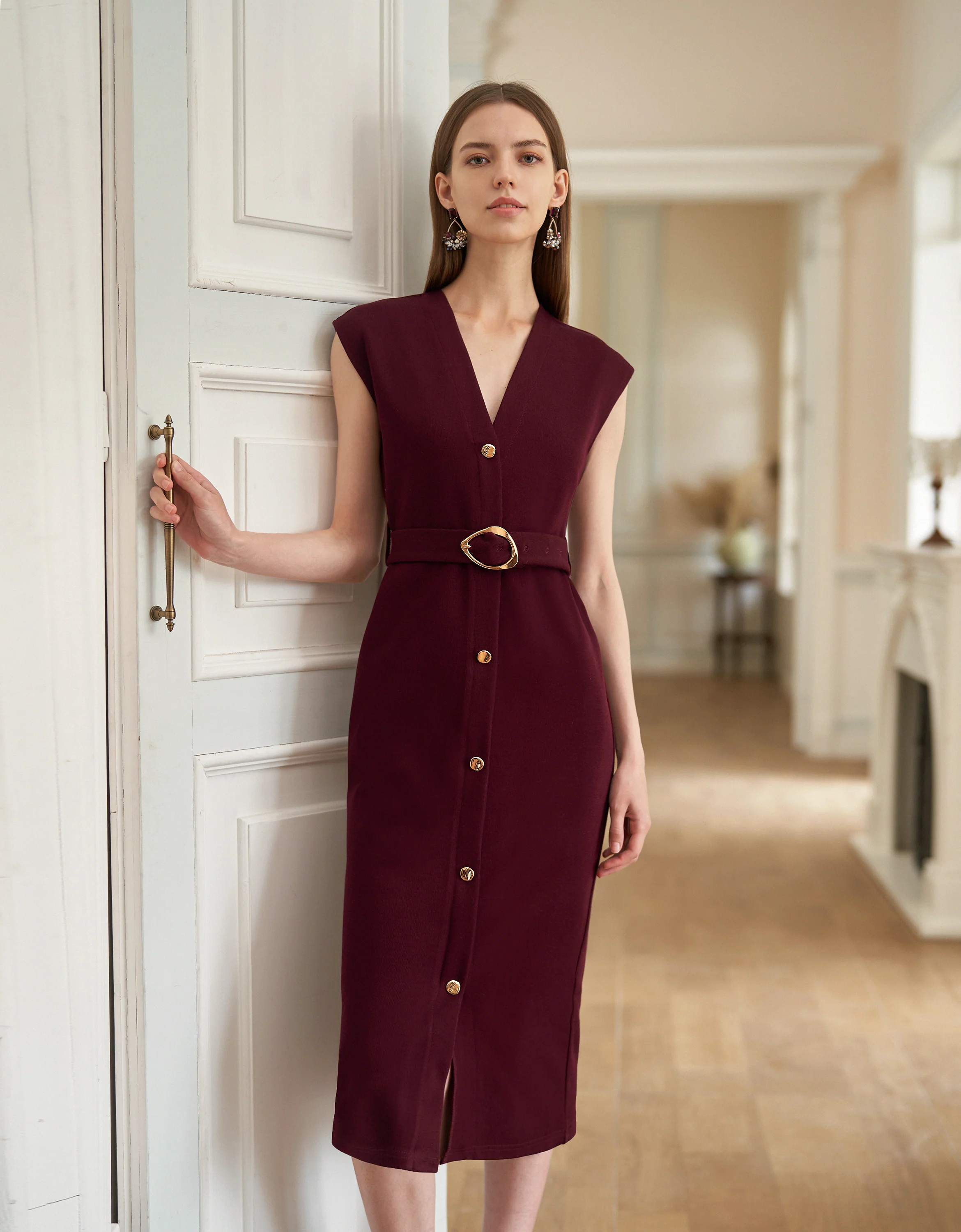 V-neck Belted Knitted Midi Dress - Image 2