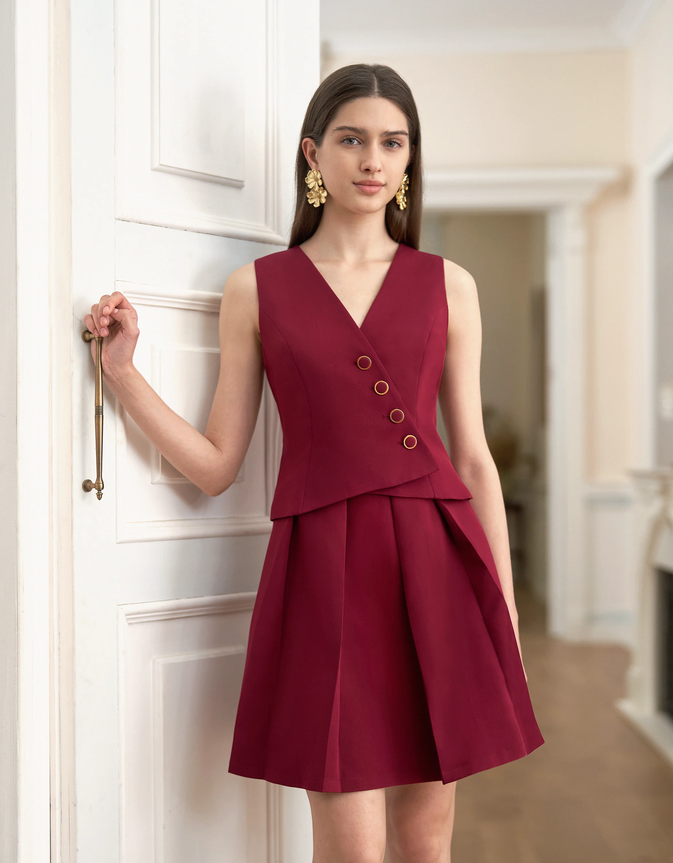 V-neck Sleeveless Pleated Asymmetric Vest Dress
