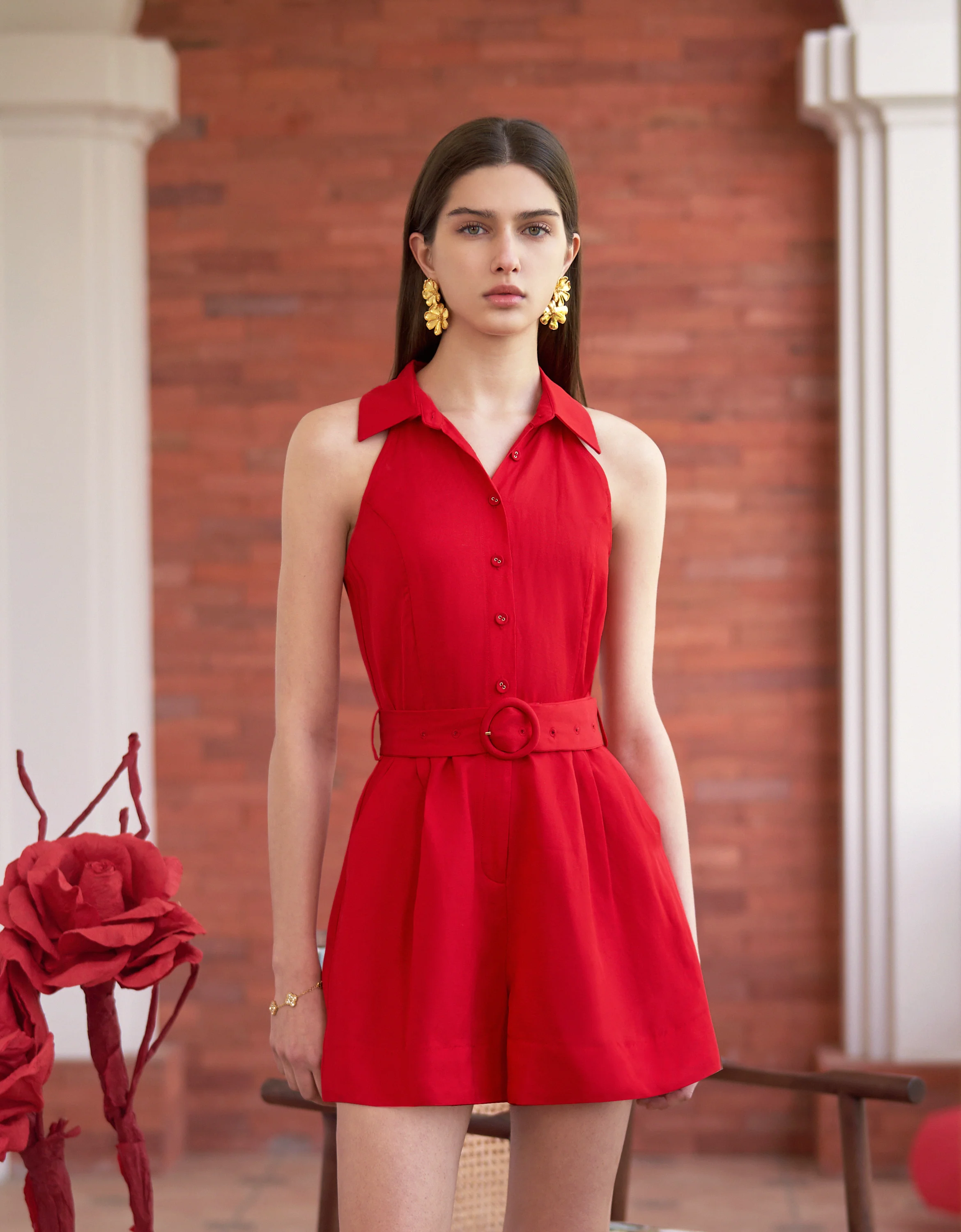 Viscose-linen Sleeveless Collared Romper