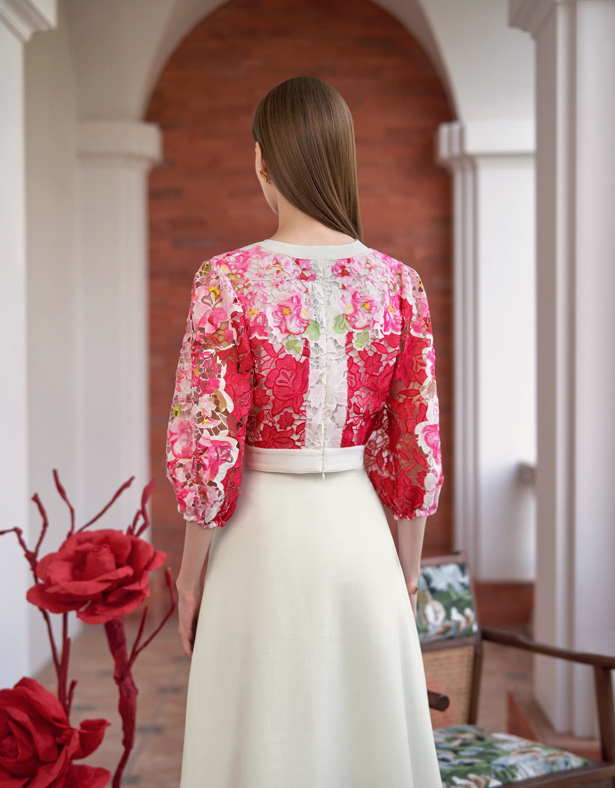 Waist Tie Printed Lace Top - Image 4
